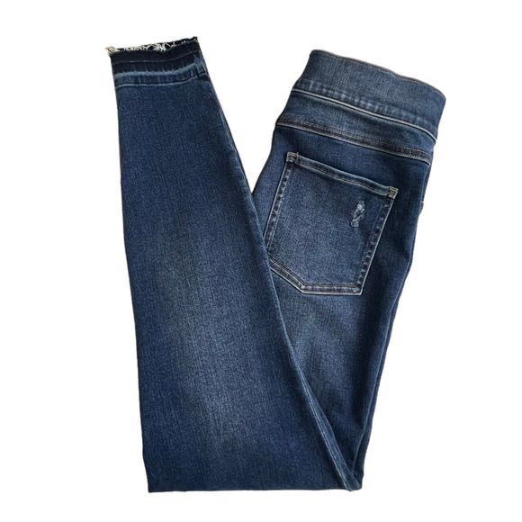 Spanx Medium Wash Mid Rise Distressed Raw Hem Pull On Skinny Jegging Jeans Small - Picture 1 of 8
